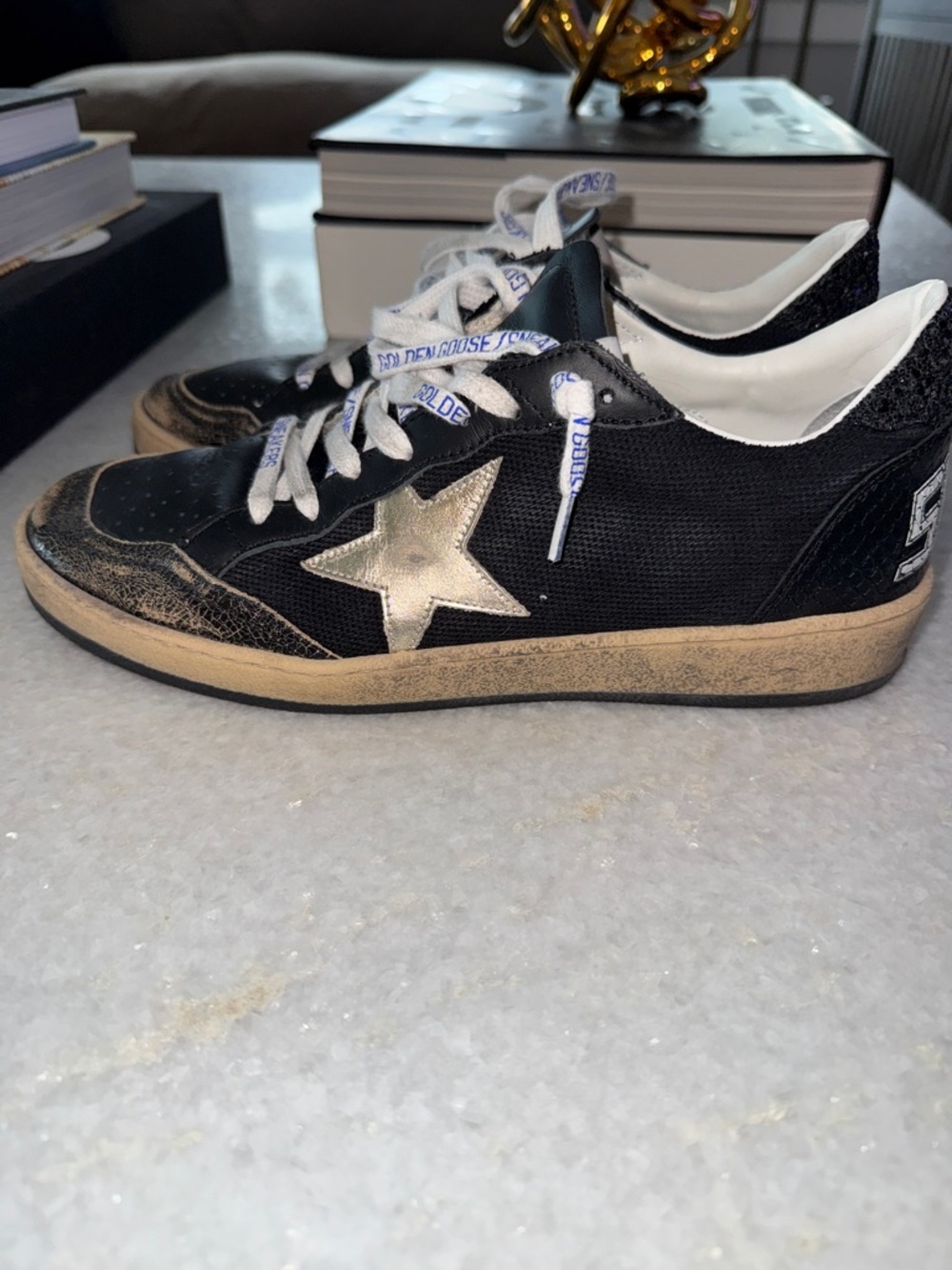 LIKE NEW Golden Goose Black Sneakers with Gold Star and Pink Script - Picture 3 of 8